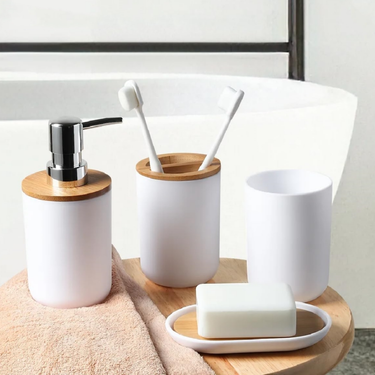 Set Accesorios Baño 6 Piezas Bambu Jabonera Papelera Cepillo