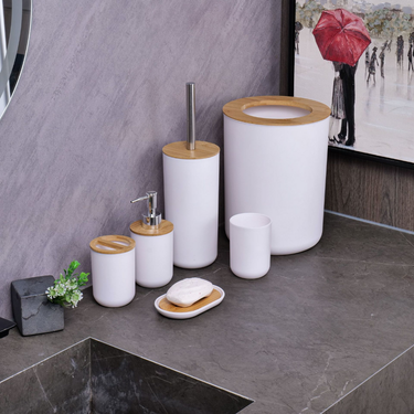 Set Accesorios Baño 6 Piezas Bambu Jabonera Papelera Cepillo
