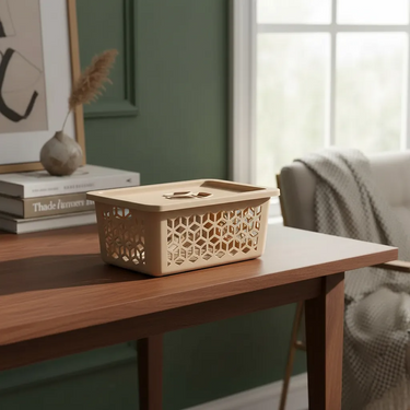 Caja Cesto Canasto Organizador Con Tapa Plástico Diseño M Uz