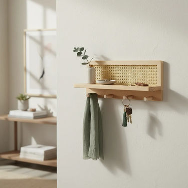 Porta Llaves Rattan Organizador Pared Estante Ganchos Marrón Claro