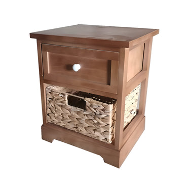Mesa de Luz en Madera con 1 Cajón y 1 Cesto Jacinto Agua - Miel