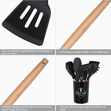 Kit Set X12 Utensilios Cocina Madera Y Silicona Excelente